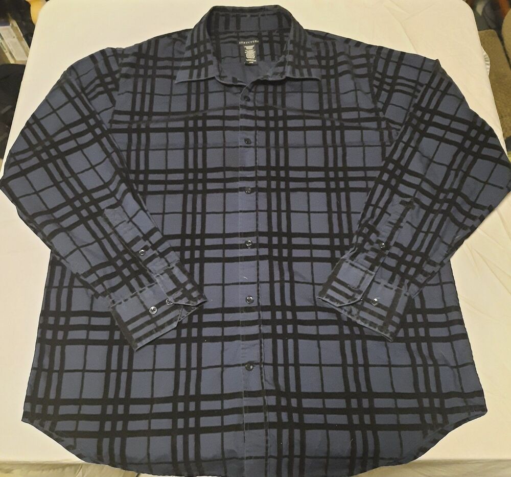 VTG Y2K Structure Men’s XL Button Up Shirt Blue Plaid Flocked Stripes Velvet